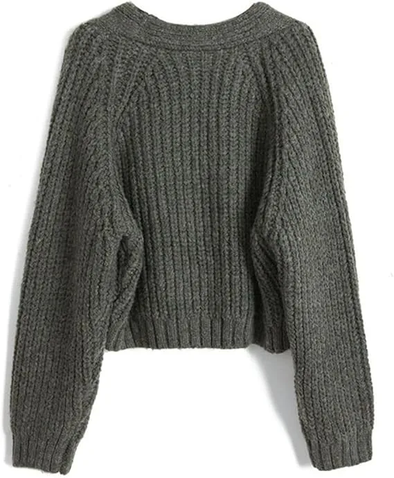 Women's V-Neck Button Knitted Cardigan Solid Basic Casual Loose Long Sleeve Cardigan Sweater