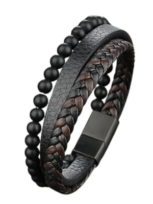 MEENAZ Bracelet for Men Black Leather Bracelet for boys Magnetic-Clasp Leather Mens Beads Evil eye Bracelets for Men Stylish Combo Silver Stainless Steel Birthday Gift Anniversary Husband 665