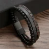 MEENAZ Bracelet for Men Black Leather Bracelet for boys Magnetic-Clasp Leather Mens Beads Evil eye Bracelets for Men Stylish Combo Silver Stainless Steel Birthday Gift Anniversary Husband 665