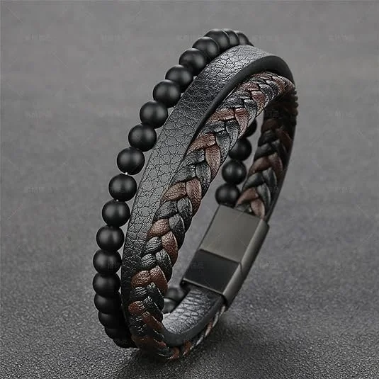 MEENAZ Bracelet for Men Black Leather Bracelet for boys Magnetic-Clasp Leather Mens Beads Evil eye Bracelets for Men Stylish Combo Silver Stainless Steel Birthday Gift Anniversary Husband 665
