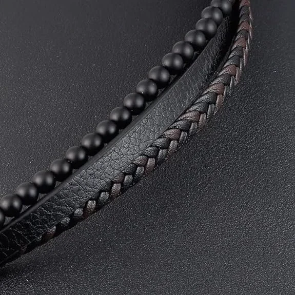 MEENAZ Bracelet for Men Black Leather Bracelet for boys Magnetic-Clasp Leather Mens Beads Evil eye Bracelets for Men Stylish Combo Silver Stainless Steel Birthday Gift Anniversary Husband 665