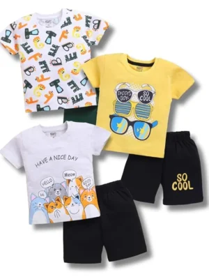 Toonyport Boys Summer 3 Packs Of T-shirts and Shorts Combo Set (Multicolors)