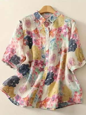 111 Women’s Casual Button-Down Shirt with Multicolor Floral Print & Half Sleeves, Collar Neck