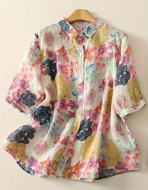 111 Women’s Casual Button-Down Shirt with Multicolor Floral Print & Half Sleeves, Collar Neck