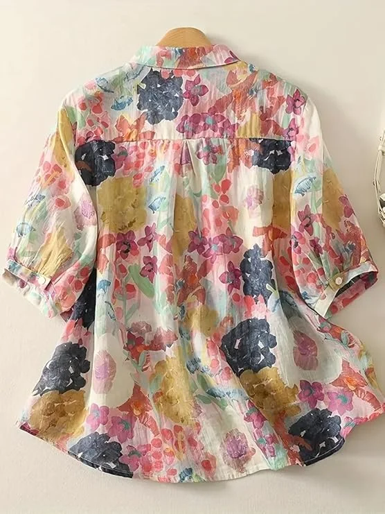 1111 Women’s Casual Button-Down Shirt with Multicolor Floral Print & Half Sleeves, Collar Neck