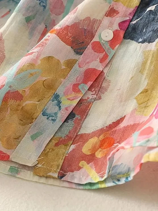 11111111 Women’s Casual Button-Down Shirt with Multicolor Floral Print & Half Sleeves, Collar Neck